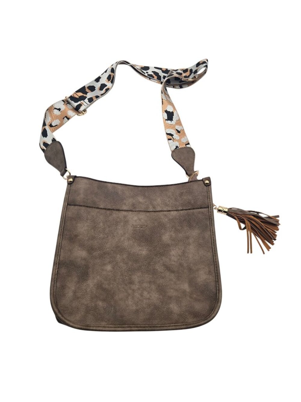HKCLUF Brown Faux Leather Crossbody Bag W/ Leopard Print Strap & Tassel Detail